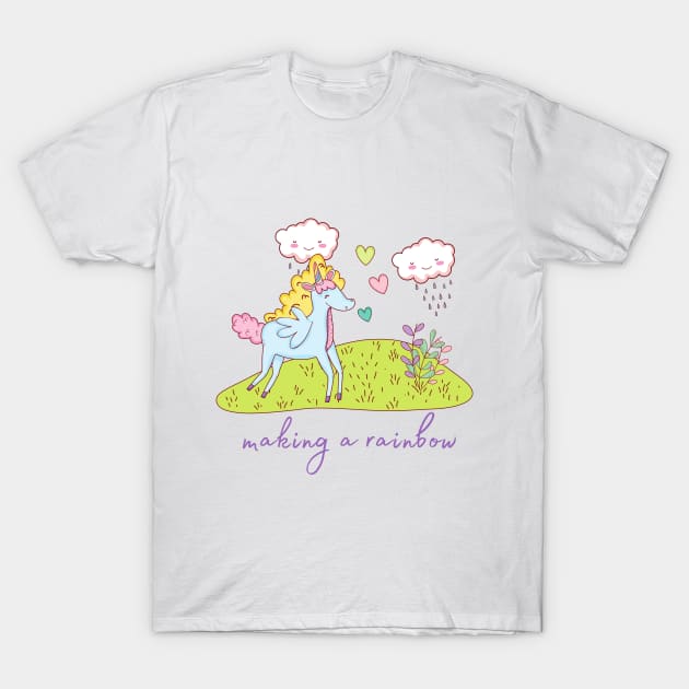 Cute Little Unicorn Making a Rainbow T-Shirt by Vegan Squad